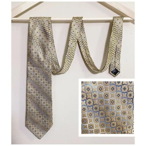 Joseph & Feiss International Tan/Blue Geometric Print Silk Neck Tie 4" W x 60" L - Picture 1 of 6