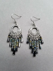 Earrings Handmade Iridescent Green & Black Chandelier Crystal Drop - Picture 1 of 1