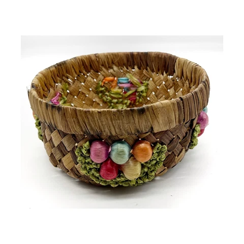 Vintage Woven Embroidered Basket Colorful Cottagecore 6“ Cover