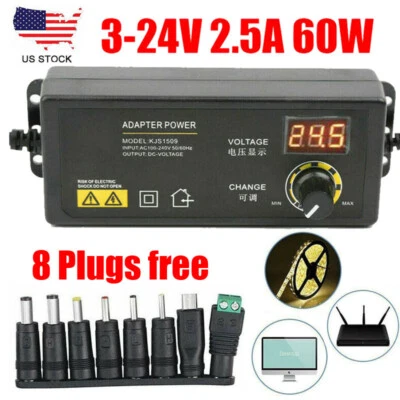 Adaptador de fuente de alimentación ajustable 3V-24V 2.5A 60W controlador pantalla LCD 8 enchufes Foto 1 de 4