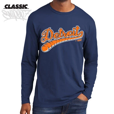 Camiseta Detroit Tiger Tail Baseball Script Azul Marino Clásica Manga Larga Foto 1 de 3