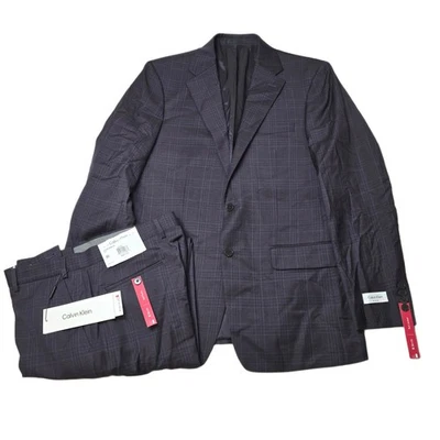 Calvin Klein Morgan Plaid Slim Fit Suit 42L 2 Piece Pant 36x34 Burgundy Navy NEW - Image 1 of 4