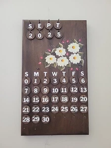 Vtg Country Wooden Perpetual wall Calendar Flowers Handpainted signed READ - Picture 1 of 16