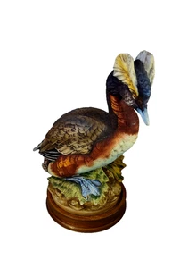 Vtg Andrea By Sadek Large Male Horned Grebe Bird Sculpture 9 - 3/4" w Wood Stand - Picture 1 of 15