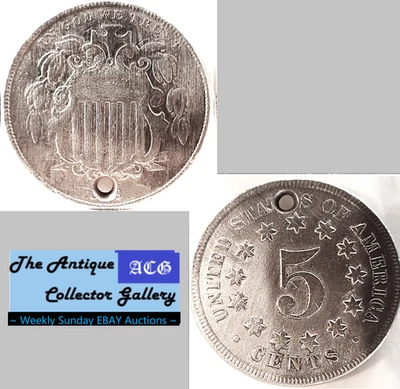 Antique⌛US Phil Mint Shield Nickel 5 Cent🪙1869🪙1st US Nickel 5c🪙Hole - Image 1 of 4