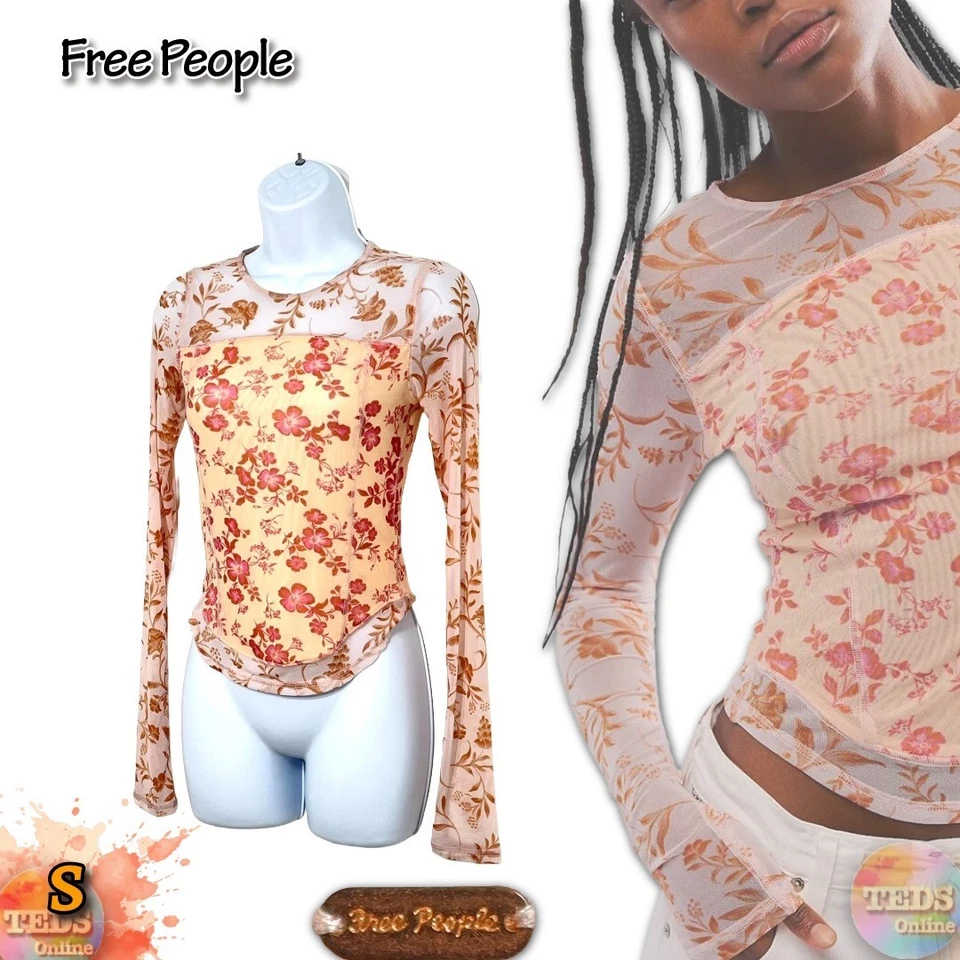 NUEVO SIN ETIQUETAS Free People Mujer S Bettys Jardín Camisa Manga Larga Coral Combo Foto 1 de 4