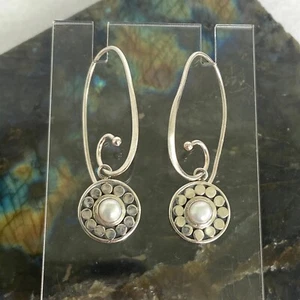 Sterling Silver 925 Signed Boma Round White Pearl Threader Dangle Earrings - Picture 1 of 17