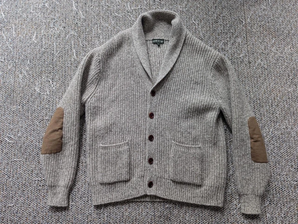 vintage ORVIS chunky knit WOOL cardigan sweater L tan/gray SHAWL leather patch - Image 1 of 4