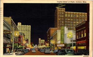 Vintage Postcard  Capitol Street at Night Jackson MS c1943 Curteich Linen - Picture 1 of 3
