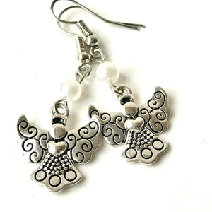 Silver Pearl Angel Wing Earrings Angels Wings Dangle Plated Celestial Celtic - Picture 1 of 9