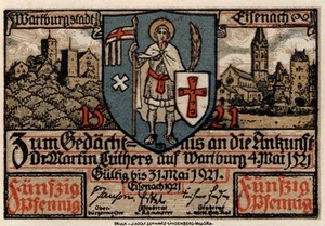 50 pfennig  Reichsbanknote   Wartburgstadt 1921 ab 5 auktionen portofrei - Bild 1 von 2
