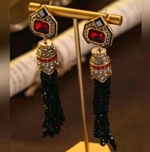 Vintage Signed Heidi Daus Black & Red Tasseled Crystal Dangle Gold Earrings - Picture 1 of 15