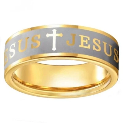 Anel de carboneto de tungstênio masculino feminino 6/8 mm cruz bíblica Jesus anel de oração para mulheres - Imagem 1 de 4