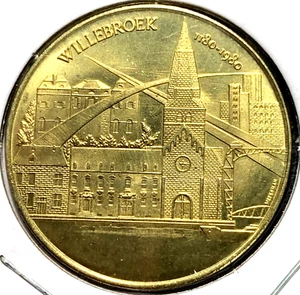 1980 🔥 Belgien 50 Kapoenen Medaille Münze 🌞 Messing ✨ Willebroek 1180 Kirche - Bild 1 von 2