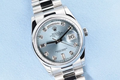 劳力士 Day-Date President 白金 36 毫米工厂钻石冰川蓝色表盘 118206 — 第 1/4 张图片