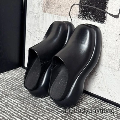 Mens Mid Platform Heel Slippers 100% Real Leather Slides Mule Sandal Dress Shoes - Image 1 of 4
