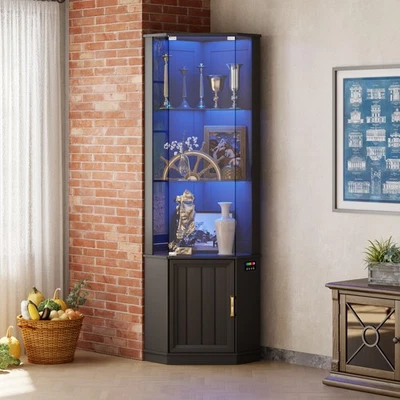 69" Display Cabinet with Glass Doors, Corner Cuiro Cabinet with RGB lights - Image 1 of 4