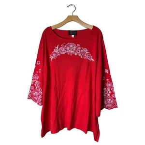 Bob Mackie Women's 2X Red and Pink Embroidered 3/4 Sleeve Crew Sweater - Picture 1 of 10