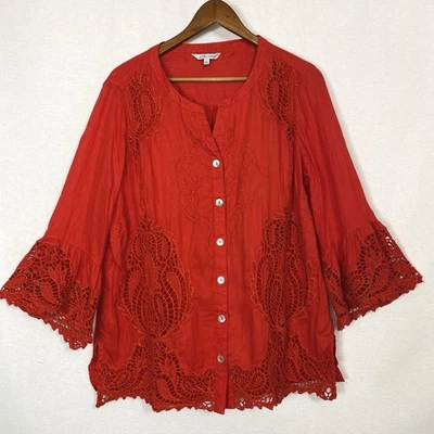 John Mark Large 100% Linen Red Peasant Top Boho Shirt Crochet Lace Blouse Artsy - Image 1 of 4