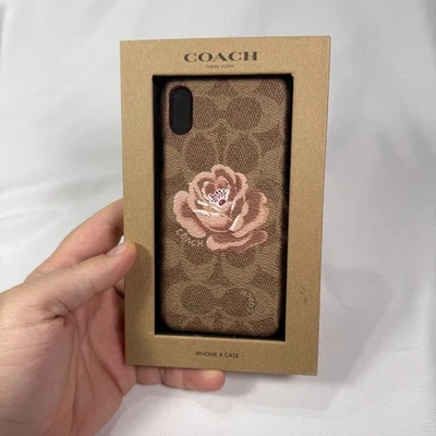 COACH Phone Case iPhone X Case Floral Signature Rose Brown Saddle NEW OPEN BOX - Image 1 of 4