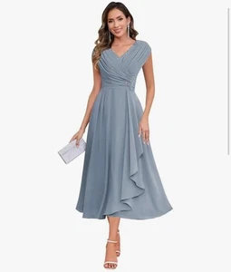 Wear your Love Half Sleeve Chiffon Lace Applique A-Line Dress Blue, Size 16 T8 - Picture 1 of 4