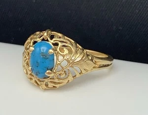 14K Yellow Gold Filigree & Turquoise Intricate Ring Size 4.75 Pinky Ring  - Picture 1 of 7