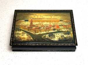 Signed USSR Russian Lacquer Box Luzhniki Stadium Winter Moscow Scene Vintage - Picture 1 of 6