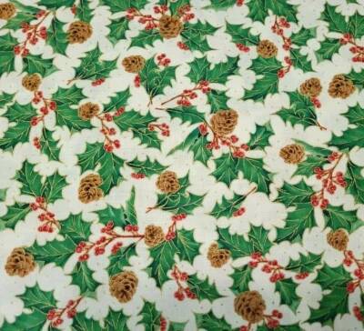 Joy To The World BTY Lisa Conlin Quilting Treasures Pine Cones Holly Ecru - Image 1 of 4