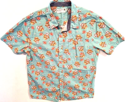 Masculino RETROFIT marca Mfg. Camisa acampamento manga curta algodão caveiras e chapéus de palha G - Imagem 1 de 4