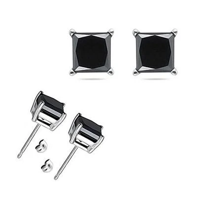 Nuevos aretes plateados enchapados en oro blanco de 3 quilates 7 mm corte princesa negro circonita cúbica Foto 1 de 3