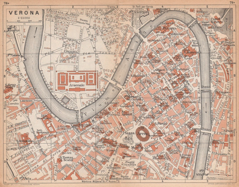 VERONA vintage town city centre map plan pianta della città. Italy 1958 — 第 1/1 张图片