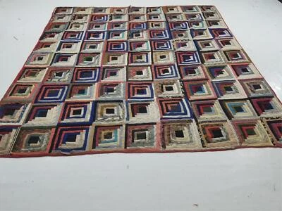 Старинный мешок для подачи ручной работы лоскутное одеяло для бревенчатой ​​хижины 187x172 см - Изображение 1 из 4