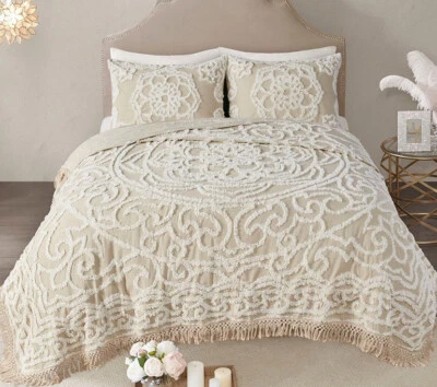 JUEGO DE CUBRECAMAS TAUPE CHENILLE 3p Queen: colcha de algodón estilo vintage beige Foto 1 de 4