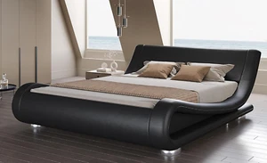 Queen Size Upholstered Bed Frame, Deluxe Low Profile Sleigh Bed with Faux Leathe - Picture 1 of 14