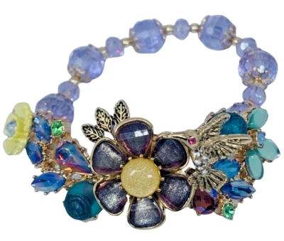 Betsey Johnson Hummingbird Flower Bracelet 7" Icy Crystal Spring Ahead VTG - Image 1 of 4