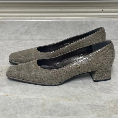 Zapatos de salón Stuart Weitzman 8AA extra estrechos beige textura punta cuadrada tacón grueso de colección Foto 1 de 4