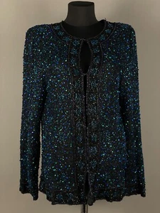 Laurence Kazar Womens Vintage Blue Silk Beaded Sequin Blazer Jacket Size M - Picture 1 of 13