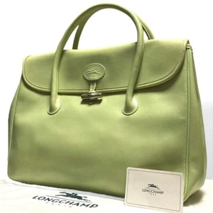 Longchamp Rare Handbag Tote Logo Leather Green Women's Authentic - Picture 1 of 10