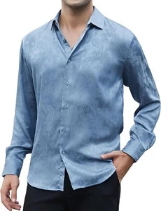 Mens Satin Dress Shirt Long Sleeve Tailored Fit Formal Party Silk Look Top - Picture 1 of 38