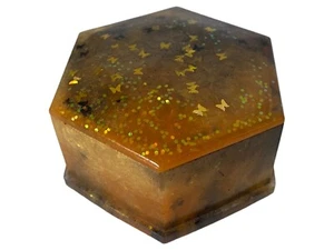 Vintage Lucite Black and Gold Color Butterflies and Glitter Trinket Hexagon Box - Picture 1 of 10