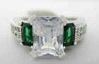 Emerald Cut Lab Created Diamond & emerald 14Ct White Gold Filled Wedding Ring