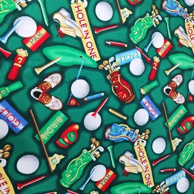 Timeless Treasures Fabric Hole In One Golf Club Print Green 2.88 Yards 2002 OOP - Image 1 of 4