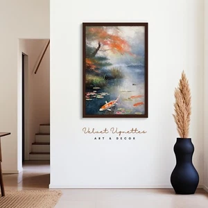 Framed Koi fish oil painting print vintage Japanese style home wall decor art  - Picture 1 of 31