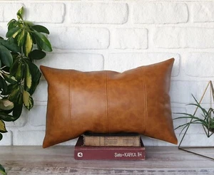 Oscar camel  pieced model faux leather lumbar big pillow cover -1qty - Picture 1 of 5