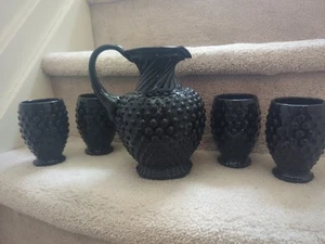 Black Hobnail Pitcher and 4 Glasses Vintage - Picture 1 of 9