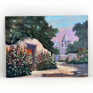 Vintage Southwest Adobe & Hollyhocks 24" Rosemary Lee Floral Painting - Taos, NM - Picture 1 of 4