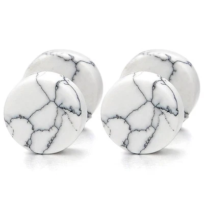 2 aretes de mármol blanco de 10 mm para hombres y mujeres, tapones para los oídos falsos tramposos de acero... Foto 1 de 4