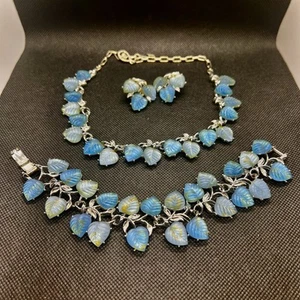 Vtg Blue & Gold Molded Glass Leave Silver Tone Necklace Bracelet Earrings Set - Photo 1 sur 9