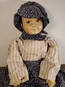 Vintage Hand Carved & Painted Wooden Doll - Bonnet Conservative Dress Wise 21in - Picture 1 of 13