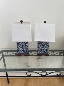 RALPH LAUREN TABLE LAMPS PORCELAIN BLUE FLORAL LOTUS PAIR SET OF 2 - Picture 1 of 11
